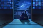  1boy 1girl couple from_behind full_moon game_cg hetero highres japanese_clothes kaguyuzu kimono long_hair moon moonlight nie_no_hakoniwa night non-web_source shiki_kyoko sitting sky star_(sky) starry_sky tatami veranda very_long_hair yasaka_kurou 