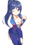  ;) barefoot bikini blue_hair breasts cleavage closed_mouth collarbone eyebrows_visible_through_hair front-tie_bikini front-tie_top hand_up long_hair looking_at_viewer love_live! love_live!_sunshine!! matsuura_kanan medium_breasts one_eye_closed ponytail purple_eyes shovelwell sidelocks simple_background smile solo striped striped_bikini swimsuit wetsuit white_background 