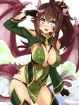  blue_eyes borrowed_character breasts brown_hair cleavage copyright_request dragon_girl dragon_horns dragon_tail dragon_wings fang fingerless_gloves gloves hisenkaede horns medium_breasts navel pointy_ears solo tail thighs twitter_username wings 