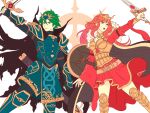  1boy 1girl alm_(fire_emblem) armor armored_boots blue_armor boots cape celica_(fire_emblem) choker couple crown earrings falchion_(fire_emblem) fire_emblem fire_emblem_echoes:_shadows_of_valentia gauntlets gold_armor green_eyes green_hair hetero highres holding holding_sword holding_weapon jewelry king long_hair queen red_eyes red_hair sheath shield short_hair sword truejekart weapon 