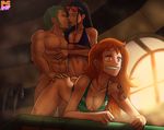 1boy 2girls abs ass ass_grab bikini black_hair bottomless breast_press breasts clenched_teeth doggystyle eyes_closed green_hair large_breasts long_hair multiple_girls muscle nami_(one_piece) nico_robin one_piece orange_eyes orange_hair pumpkin_sinclair roronoa_zoro scar sex short_hair 
