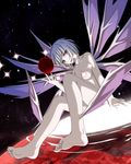  1girl ayanami_rei barefoot blue_hair feet lilith_(ayanami_rei) lilith_(evangelion) looking_at_viewer neon_genesis_evangelion nude red_eyes short_hair skyneko soles space toes wings 