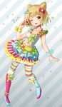  blonde_hair boots breasts character_name commentary_request diagonal_stripes full_body gradient gradient_background highres knee_boots layered_skirt minami_mirei mismatched_footwear multicolored multicolored_clothes multicolored_legwear multicolored_stripes nail_polish one_eye_closed pretty_(series) pripara pyonsuke_(pyon2_mfg) short_hair small_breasts solo standing striped striped_background striped_legwear thighhighs two-tone_background v zettai_ryouiki 
