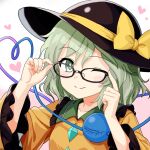  1girl bespectacled black_hat blush bow buttons closed_mouth collarbone collared_shirt commentary_request diamond_button eyeball frilled_shirt_collar frilled_sleeves frills glasses green_eyes green_hair hands_on_eyewear hat hat_bow heart heart_of_string komeiji_koishi long_sleeves looking_at_viewer mist9801km one_eye_closed shirt smile solo third_eye touhou wide_sleeves yellow_bow yellow_shirt 