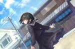  1girl architecture blue_eyes blue_sky blush east_asian_architecture game_cg green_hair highres kaguyuzu kuryo_nozomi looking_at_viewer nie_no_hakoniwa non-web_source outdoors pout school_uniform serafuku short_hair skirt sky solo sunlight town wind 