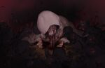  1girl 6+others baby black_hair bleeding blood blood_from_eyes blood_from_mouth bride clenched_teeth darkness game_cg highres horror_(theme) japanese_clothes kaguyuzu kimono multiple_others nie_no_hakoniwa non-web_source red_eyes shiki_kyoko tatami teeth uchikake 