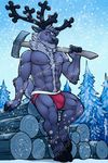  axe bulge cervine clothing forest jockstrap leaning looking_at_viewer male mammal melee_weapon muscular nipples outside pinup pose reindeer snow solo tree tsaiwolf underwear weapon winter 