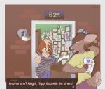 2025 aliasing anthro aseprite_(artwork) bird_dog blue_bottomwear blue_clothing blue_pants bottomwear breasts brick_wall brown_body brown_fur brown_hair brown_hooves brown_nose canid canine canis cavalier_king_charles_spaniel character_name clothed clothing cloud_(cloudpie) deer detailed_background dialogue digital_drawing_(artwork) digital_media_(artwork) dithering domestic_dog doorway drawing_(object) duo dyyrlysh e621 english_text eyes_closed female fingers flat_colors floppy_ears fully_clothed fur furgonomic_bottomwear furgonomics green_eyes grey_clothing grey_shirt grey_topwear hair half-closed_eyes head_tuft holding_drawing hooved_fingers hooves hunting_dog kristoffer_everglade looking_at_another lop_ears male mammal narrowed_eyes new_world_deer open_mouth open_smile orange_text outside pants pattern_clothing pattern_shirt pattern_topwear pink_tongue scut_tail shirt short_tail smile snout spaniel standing standing_in_doorway striped_clothing striped_shirt striped_topwear stripes tail tail_button_bottoms tail_clothing text text_box tongue topwear toy_dog tuft wall_(structure) wall_art wall_lamp white-tailed_deer white_body white_fur white_text yellow_clothing yellow_shirt yellow_topwear
