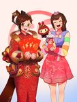  :d ^_^ alternate_costume angpao bokjumeoni brown_eyes brown_hair chinese_clothes closed_eyes d.va_(overwatch) dress glasses korean_clothes looking_at_viewer luna_mei mei_(overwatch) multiple_girls nail_polish open_mouth overwatch palanquin_d.va pink_skirt pouch qosic round_teeth skirt smile snowball_(overwatch) striped_sleeves teeth whisker_markings 