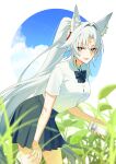  1girl animal_ear_fluff animal_ear_piercing animal_ears bechu black_skirt breasts cellphone collared_shirt commentary_request day dress_shirt eyeliner feixiao_(honkai:_star_rail) fingernails forehead_jewel fox_ears fox_girl highres holding holding_phone honkai:_star_rail honkai_(series) korean_commentary leaning_forward long_hair makeup outdoors parted_lips phone red_eyeliner revision shirt skirt solo teeth upper_teeth_only very_long_hair white_hair white_shirt 