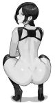  1girl ada_wong aelion_draws anus ass black_boots black_gloves black_hair boots choker closed_mouth commentary english_commentary eyelashes from_behind full_body gloves greyscale harness high_heel_boots high_heels highres lips looking_at_viewer looking_back monochrome nude pussy resident_evil short_hair simple_background solo squatting thigh_boots white_background 