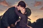  1boy 1girl black_hair blue_eyes blush brown_eyes eye_contact face-to-face game_cg green_hair grin hetero highres hug imminent_kiss japanese_clothes kaguyuzu kimono kuryo_nozomi looking_at_another nie_no_hakoniwa non-web_source outdoors school_uniform serafuku short_hair sky smile twilight yasaka_kurou 