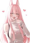  1girl absurdres animal_ear_fluff animal_ears arm_at_side bare_shoulders blush breasts buttons commentary detached_sleeves fang finger_to_mouth fingernails goddess_of_victory:_nikke hair_between_eyes half-closed_eyes hand_up heart highres large_breasts leona_(nikke) lion_ears long_hair long_sleeves nail_polish open_mouth partially_unzipped pink_hair pink_nails ringed_eyes shio_butter_(obscurityonline) shirt sideboob sidelocks simple_background sleeveless sleeveless_shirt solo tongue tongue_out upper_body white_background white_shirt yellow_eyes zipper 