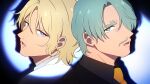  2boys back-to-back blonde_hair blue_eyes challia_bull char_aznable choco_(chocovix112) commentary_request facial_hair grey_eyes grey_hair gundam gundam_gquuuuuux hair_over_one_eye highres looking_at_viewer male_focus multiple_boys mustache necktie open_mouth parody portrait scene_reference shadow shirt short_hair spotlight thick_eyebrows 