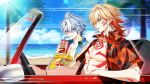  2boys abs antenna_hair beach blonde_hair blue_eyes blue_sky can car chest_tattoo commentary driving earrings gold_earrings gradient_hair hair_between_eyes hawaiian_shirt highres holding holding_can honkai:_star_rail honkai_(series) jewelry male_focus medium_hair motor_vehicle multicolored_hair multiple_boys mydei_(honkai:_star_rail) neck_tattoo open_clothes open_shirt palm_tree phainon_(honkai:_star_rail) pnemo_18 red_hair red_tattoo shirt short_hair sky sun_symbol sun_tattoo tattoo toned toned_male tree white_hair yellow_eyes 