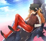  absurdres animal_hat badge blue_eyes bodysuit closed_mouth crossed_legs evangelion:_3.0_you_can_(not)_redo eyepatch full_body hands_in_pockets hat hieung highres jacket long_hair looking_at_viewer neon_genesis_evangelion one_eye_covered orange_hair pilot_suit plugsuit rebuild_of_evangelion red_bodysuit scowl shikinami_asuka_langley skin_tight solo souryuu_asuka_langley track_jacket zipper 