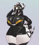 anthro bedroom_eyes big_breasts breasts bulge clothing curvy_figure digital_drawing_(artwork) digital_media_(artwork) front_view generation_5_pokemon gynomorph hi_res hime_cut horn huge_breasts huge_hips huge_thighs intersex io_(sparkwelkin) looking_at_viewer multi_tail narrowed_eyes nintendo non-mammal_breasts nonbinary_(lore) odisia pokemon pokemon_(species) scolipede seductive solo suit tail thick_thighs voluptuous wide_hips yellow_eyes