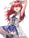  1girl arm_behind_head artist_name ascot black_garter_straps blue_overskirt blue_skirt breast_pocket breasts garter_straps headgear highres kantai_collection large_breasts long_hair looking_at_viewer military_uniform one-hour_drawing_challenge overskirt phoenix_(kancolle) pleated_skirt pocket red_ascot red_eyes red_hair simple_background skirt sleeveless sleeveless_jacket smile solo twitter_username white_background white_overskirt wiwo 