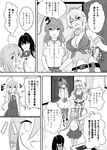  breasts cleavage comic door dress fingerless_gloves garter_straps gloves greyscale high_ponytail iowa_(kantai_collection) kantai_collection kiyoshimo_(kantai_collection) large_breasts miniskirt monochrome navel open_mouth pantyhose pleated_skirt salute saratoga_(kantai_collection) skirt smile speed_lines thighhighs translated twintails umino_haruka_(harukaumino6) yamato_(kantai_collection) 