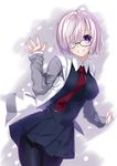  :d black_dress black_legwear cowboy_shot dress fate/grand_order fate_(series) glasses hair_over_one_eye highres jacket looking_at_viewer mash_kyrielight necktie open_mouth outstretched_hand pantyhose purple_eyes purple_hair red_neckwear short_hair smile solo yoshida_takuma 
