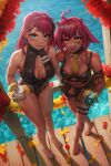  2girls absurdres ahoge animal_ears arm_strap arm_tattoo bandaid bandaid_on_face bandaid_on_nose bare_shoulders barefoot bikini black_bikini black_bra black_collar black_one-piece_swimsuit blue_eyes blue_nails bra braid breasts breasts_apart cocktail_glass collar collarbone commentary covered_collarbone cup dark-skinned_female dark_skin drinking_glass earrings el_xox eyelashes eyeliner eyeshadow facial_mark falling_petals fingernails from_below full_body gradient_eyes grey_eyes hashtag-only_commentary heart heart_ahoge heart_facial_mark highres holding holding_cup horns indie_virtual_youtuber jewelry large_breasts leg_tattoo long_hair looking_at_viewer lop_rabbit_ears makeup medium_breasts medium_hair multicolored_eyes multiple_girls navel numanoan one-piece_swimsuit outdoors parted_lips petals piercing pink_streaks pool pubic_tattoo purple_horns rabbit_ears red_nails red_petals scrunchie shadow side_braid skindentation smile standing swimsuit symbol-only_commentary tan tattoo thigh_strap toenails tongue tongue_out tongue_piercing underwear virtual_youtuber water wooden_floor yellow_eyes yellow_petals yfu 