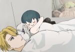  1boy 1girl 500_dollar_four_foot_tall_mareep_(meme) back bare_arms bed blonde_hair blue_eyes character_doll closed_eyes closed_mouth commentary_request couple cover dimitri_alexandre_blaiddyd doll edelgard_von_hresvelg fire_emblem fire_emblem:_three_houses from_behind from_side green_hair grey_background hair_between_eyes hair_ribbon hetero hug hugging_doll hugging_object ikaikakka indoors light_smile long_hair looking_up lying male_byleth_(fire_emblem) meme on_back parted_lips photo-referenced pillow purple_ribbon ribbon short_hair stuffed_toy toy white_hair 
