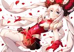  big_hat blue_eyes commentary_request dress fate/grand_order fate_(series) gloves hat hizuki_miya long_hair marie_antoinette_(fate/grand_order) petals red_gloves rose_petals short_dress simple_background smile solo thighhighs twintails white_background white_hair white_legwear 