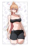  1girl absurdres black_shorts black_sports_bra blonde_hair blush breasts cropped_legs english_commentary hair_between_eyes highleg highleg_panties highres inhoso large_breasts long_hair looking_at_viewer midriff nakiri_erina panties panty_straps ponytail purple_eyes shokugeki_no_souma short_shorts shorts sports_bra sweat underwear 