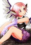  animal_ears bare_legs bare_shoulders carte commentary_request elbow_gloves eyelashes eyeliner feathered_wings gloves highres lipstick makeup miniskirt mystia_lorelei pink_eyes pink_hair purple_skirt shirt short_hair signature simple_background sitting skirt sleeveless sleeveless_shirt solo touhou white_gloves wings 