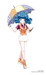  1990s_(style) 1girl aqua_hair blue_eyes blush company_name copyright_notice full_body highres holding holding_umbrella medium_hair miniskirt non-web_source orange_shoes orange_vest retro_artstyle rolfee shoes short_sleeves simple_background skirt smile solo standing tadano_kazuko tonari_no_princess_rolfee umbrella vest white_background white_skirt 
