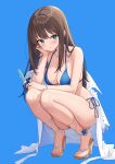  1girl ankle_lace-up bikini blue_background blue_bikini bracelet breasts brown_hair cleavage curvy food green_eyes halterneck hamahama head_on_hand high_heels highres holding holding_food holding_popsicle idolmaster idolmaster_cinderella_girls jewelry large_breasts light_blush long_hair looking_at_viewer off-shoulder_shirt off_shoulder open_clothes open_shirt popsicle sandals shibuya_rin shirt side-tie_bikini_bottom simple_background smile solo squatting string_bikini swimsuit thick_thighs thighs white_shirt 