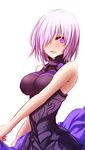  :d armor armored_dress armpit_peek bare_arms bare_shoulders blush breasts fate/grand_order fate_(series) from_side hair_over_one_eye himo lavender_hair looking_at_viewer looking_to_the_side mash_kyrielight medium_breasts open_mouth pink_eyes short_hair sleeveless smile solo 