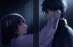 1boy 1girl bandaged_head bandages black_hair black_jacket brown_eyes couple expressionless eye_contact game_cg gloves hand_on_another's_cheek hand_on_another's_face highres jacket japanese_clothes kaguyuzu kimono looking_at_another nie_no_hakoniwa night non-web_source parted_lips pink_eyes profile shiki_kyoko short_hair upper_body wet white_kimono yasaka_kurou 