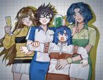  4girls :d ^3^ aqua_hair beer_mug behind_another black_hair blank_eyes blue_hair blush breasts brown_hair champagne_flute chitose_senri closed_eyes collarbone collared_shirt colored_eyelashes cowboy_shot cup curly_hair curtained_hair dark-skinned_female dark_skin drinking_glass eyes_visible_through_hair finger_to_mouth genderswap genderswap_(mtf) glasses grabbing_another&#039;s_arm grid_background hair_between_eyes hair_over_shoulder hairband hand_on_another&#039;s_stomach height_difference index_finger_raised inui_sadaharu jacket juice large_breasts long_hair long_sleeves medium_breasts milanoff miniskirt mizuki_hajime mug multicolored_jacket multiple_girls nervous_sweating opaque_glasses open_mouth pale_skin parted_bangs pencil_skirt pleated_skirt rectangular_eyewear rectangular_mouth scared shadow shirt short_hair short_sleeves shushing skirt small_breasts smile sparkle spiked_hair sportswear sweat tennis_no_ouji-sama tennis_uniform track_jacket two-tone_jacket two-tone_shirt two-tone_skirt u_u v-shaped_eyebrows very_sweaty vignetting wavy_hair white_background wispy_bangs yanagi_renji 