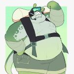 :3 anthro belly big_man_(splatoon) bottomwear clothing eyewear fish goggles grey_body harness hi_res male manta_ray marine moobs nintendo overweight ray_(fish) shorts smile solo splatoon stingray swatch_txt