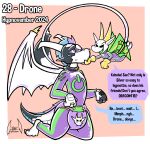 2024 abstract_background anthro big_wings biped black_body black_sclera black_text blue_speech_bubble bodysuit claws clean_diaper clothed clothing collar conayr control_collar dialogue diaper digital_drawing_(artwork) digital_media_(artwork) dragon drone dronification duo english_text fangs flying glistening gold_claws green_clothing green_eyes green_skinsuit green_wings hi_res horn hypnosis hypnovember kneeling latex male membrane_(anatomy) membranous_wings mind_control mythological_creature mythological_scalie mythology open_mouth power_symbol purple_clothing purple_diaper purple_eyes purple_skinsuit purple_speech_bubble reboot_(soul-silver-dragon) ring ringed_eyes scalie simple_background size_difference skinsuit soul-silver-dragon speech_bubble teeth text tight_clothing toe_claws toony usb_tail wearing_diaper white_text wings yellow_horn