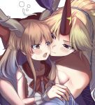  2girls absurdres blonde_hair blush elaphe_guttata6 fang highres horns hoshiguma_yuugi hoshiguma_yuugi_(kimono) hug ibuki_suika multiple_girls oni ponytail single_horn sweat touhou yuri 