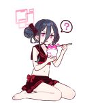  1girl ? barefoot black_hair black_shirt black_skirt blue_archive blush bow closed_mouth crop_top cup double_bun dress flat_chest food full_body hair_bow hair_bun halo highres holding holding_cup holding_spoon jitome kei_(blue_archive) looking_at_viewer navel pink_eyes sailor_collar shaved_ice shirt simple_background sitting skirt sleeveless sleeveless_dress solo spoken_question_mark spoon toes tongue tongue_out v-shaped_eyebrows wariza white_background yoru_nai 