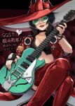  1girl artist_name black_choker black_gloves black_hair black_shirt boots breasts choker cleavage commentary cropped_jacket dated fingerless_gloves gloves grin guilty_gear guilty_gear_strive guitar hat heart holding holding_guitar holding_instrument i-no instrument jacket looking_at_viewer midriff mole mole_under_eye open_clothes open_jacket red_boots red_hat red_jacket red_lips shirt short_hair smile solo sptn_00 twitter_username venus_symbol watermark witch_hat 