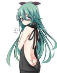  :3 artist_name ass back backless_dress backless_outfit bare_back bespectacled black-framed_eyewear black_ribbon blush butt_crack cat closed_mouth commentary_request dated dimples_of_venus dress embarrassed from_behind glasses hair_between_eyes hair_ornament hair_ribbon hairclip halterneck hand_up kantai_collection long_hair looking_at_viewer looking_back meme_attire naked_sweater nekobaka ponytail ribbed_sweater ribbon semi-rimless_eyewear signature simple_background solo sweater sweater_dress turtleneck turtleneck_sweater very_long_hair virgin_killer_sweater white_background yamakaze_(kantai_collection) 