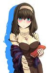  black_hair blue_eyes blush book breasts hairband highres holding holding_book idolmaster idolmaster_cinderella_girls jewelry kezune_(i-_-i) large_breasts long_hair looking_at_viewer necklace ribbed_sweater sagisawa_fumika shawl solo strap_slip sweater turtleneck turtleneck_sweater 