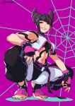  1girl absurdres artist_name blue_nails bracelet breasts collar commentary fingerless_gloves gloves hair_horns han_juri heterochromia highres jewelry kotatsu_(g-rough) silk solo spider_web spiked_anklet spiked_bracelet spiked_collar spikes street_fighter street_fighter_6 yin_yang 