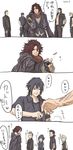  5boys ardyn_izunia black_gloves black_hair black_shirt blonde_hair bloopers brown_hair coat comic final_fantasy final_fantasy_xv fingerless_gloves gladiolus_amicitia glasses gloves highres ignis_scientia laughing long_hair multiple_boys noctis_lucis_caelum pentsu prompto_argentum shirt smile translation_request 