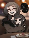  1girl absurdres black_choker black_coat black_eyes black_eyeshadow black_hair black_lips black_shirt blurry blurry_background brown_coat character_doll choker closed_eyes coat commentary doll english_commentary english_text eyeshadow facing_viewer film_grain food fur-trimmed_coat fur_trim hair_ornament hairclip highres hugging_doll hugging_object jewelry light_blush long_sleeves makeup medium_hair mikuneki multicolored_coat necklace open_mouth original parallel_hairclips pasta plate raised_inner_eyebrows riyo_kaede_(mikuneki) shirt smile solo spaghetti speech_bubble teeth two-tone_coat 