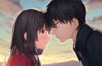  1boy 1girl black_hair black_jacket blush brown_eyes cloud couple eye_contact forehead-to-forehead game_cg heads_together hetero highres jacket japanese_clothes kaguyuzu kimono long_hair looking_at_another nie_no_hakoniwa non-web_source outdoors saliva saliva_trail shiki_kyoko sky twilight yasaka_kurou 