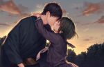  1boy 1girl black_hair blush closed_eyes game_cg green_hair hetero highres hug japanese_clothes kaguyuzu kimono kiss kuryo_nozomi nie_no_hakoniwa non-web_source outdoors school_uniform serafuku short_hair sky smile twilight yasaka_kurou 