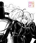  2girls ahoge armor black_shirt closed_mouth cloud cropped_torso fate/grand_order fate_(series) fujimaru_ritsuka_(female) fujimaru_ritsuka_(female)_(polar_chaldea_uniform) greyscale hair_over_one_eye high_collar highres holding holding_shield katsutacle light_blush light_smile looking_at_viewer mash_kyrielight mash_kyrielight_(ortenaus) monochrome multiple_girls open_mouth scrunchie shield shirt short_sleeves side_ponytail smile 
