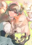  1girl apron arm_up black_eyes black_hair black_jacket braid braided_ponytail breasts cat commentary_request dog earrings gloves hair_ribbon jacket jewelry kimi_wa_meido-sama large_breasts long_hair looking_at_viewer lying maid maid_headdress on_back on_grass outdoors parted_lips red_ribbon ribbon shirt shotan solo white_apron white_gloves white_shirt yellow_brooch yuki_(kimi_wa_meido-sama) 