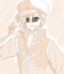  1boy brown_theme coat commentary_request dated_commentary green_eyes hair_between_eyes hat indoors looking_at_viewer male_focus monochrome multicolored_coat newsboy_cap open_mouth priest_(ragnarok_online) ragnarok_online sharari short_hair smile solo spot_color sunglasses two-tone_coat upper_body 