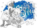  1boy 1girl alternate_costume alternate_hairstyle bamboo blunt_ends blush boots chinese_knot clenched_hands closed_mouth cosplay cross-shaped_pupils elbow_on_thigh frilled_skirt frilled_sleeves frilled_socks frills full_body genshin_impact greyscale greyscale_with_colored_background hagoromo hair_between_eyes hair_bun hair_rings hair_tie hand_on_own_face highres hikoboshi hikoboshi_(cosplay) holding holding_plant japanese_clothes juban kimono kingyo_(nyankomanjyuu15) knee_up looking_at_viewer looking_to_the_side monochrome nahida_(genshin_impact) nihongami obiage okobo open_mouth orihime_(tanabata) orihime_(tanabata)_(cosplay) pants plant platform_sandals pleated_skirt pointy_ears puffy_pants sandals sash scaramouche_(genshin_impact) see-through_clothes shawl short_sleeves sitting sketch skirt socks symbol-shaped_pupils tabi tanabata tanzaku tareme the_weaver_girl_and_the_cowherd three-quarter_sleeves wide_sleeves yokozuwari 